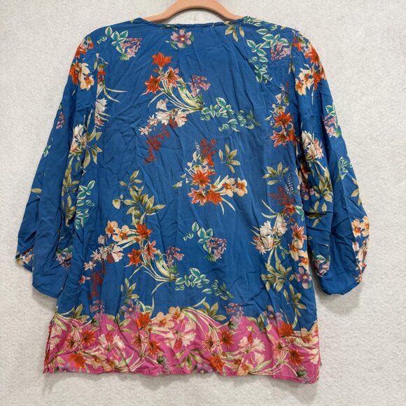 Tolani Collection Blouse Womens Medium Blue Floral Boho Peasant Modal 3/4 Sleeve - Picture 7 of 8